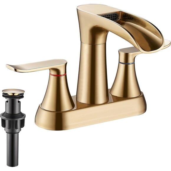 Yundoom Brushed Gold Waterfall Bathroom Faucet Swivel Spout Pop Up Drain BF4-04 - Picture 1 of 15
